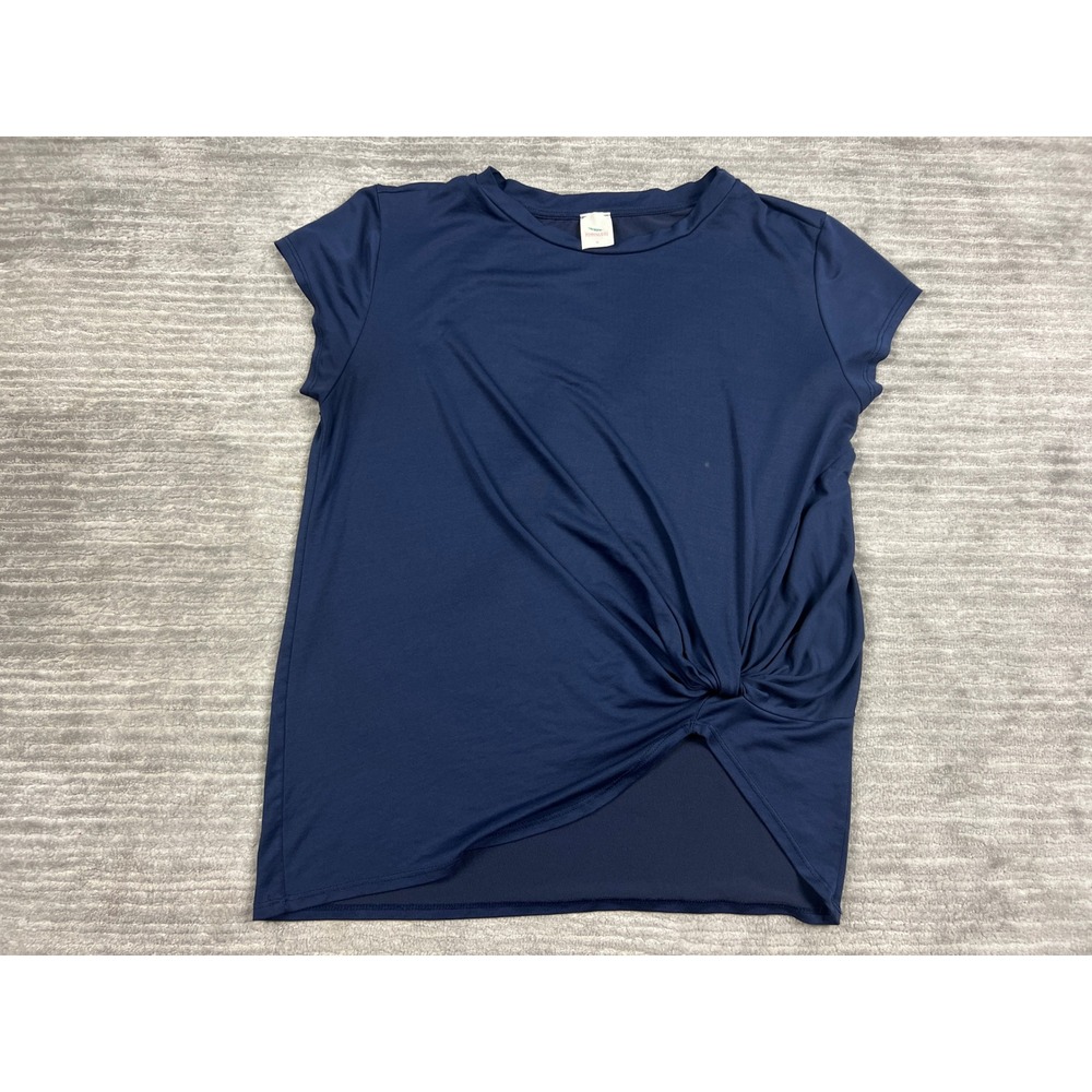 Hummingbird Top Womens Medium Navy Blue Side Knot Twist Short Sleeve Crew Neck